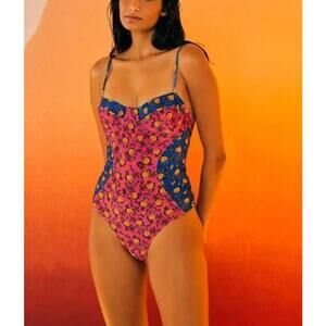 Farm Rio NWT Fruit Dots Bi Printed One Piece Swimsuit In Pink And Blue Size XL